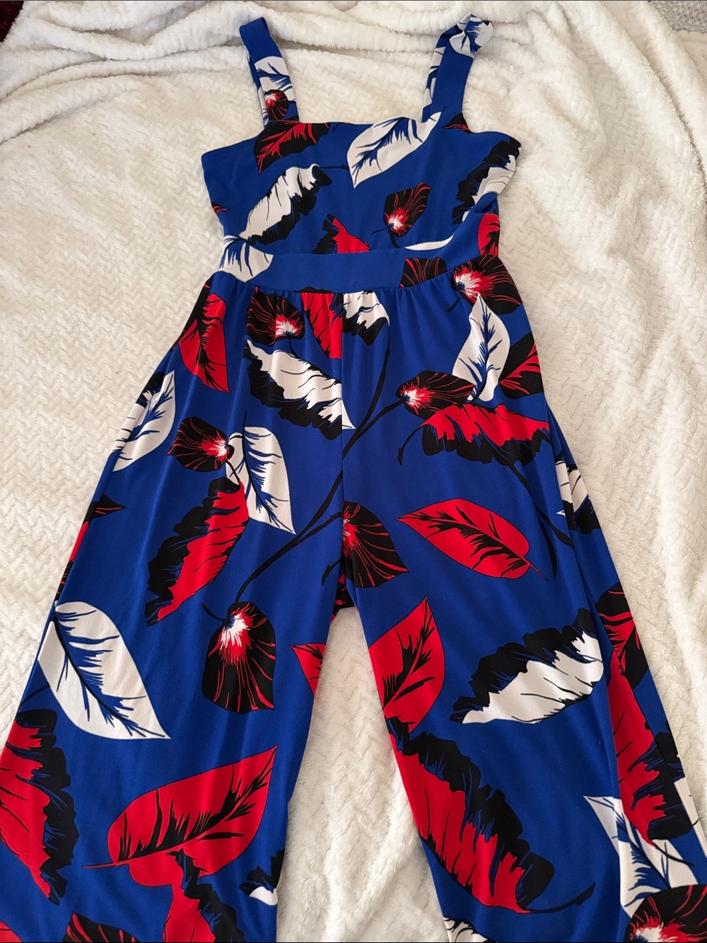 Express Blue Jumpsuit with Red, White & Black Leaf Print